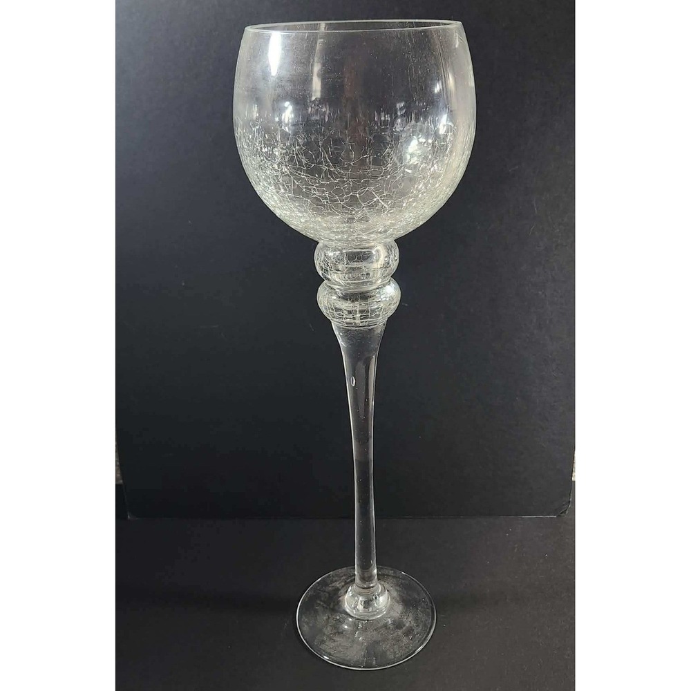 Crackle Goblet Pedestal Long Stem Glass Candle Holder Clear 15.5in Tall‎